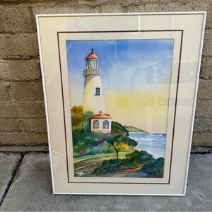 Original Watercolor Lighthouse Seascape by Robert Heylmun Signed 1992 Framed